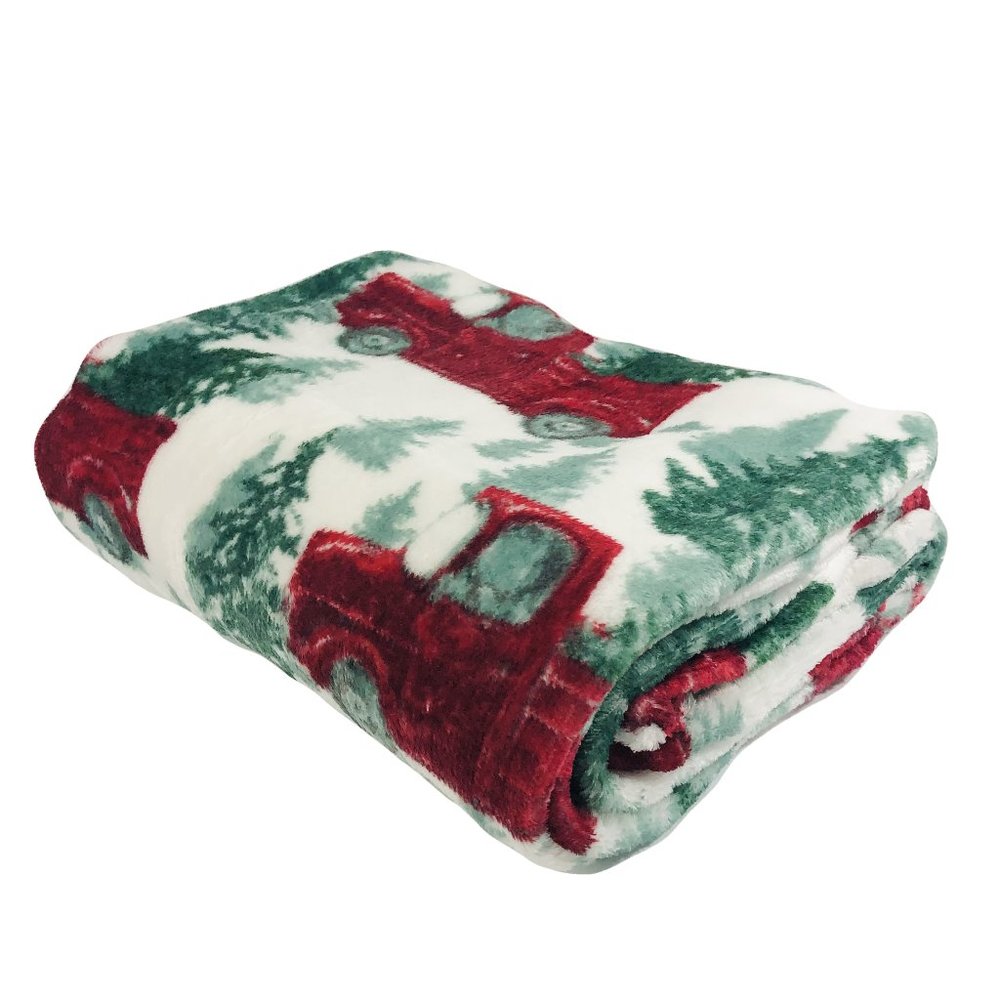 Christmas Velvet Plush Throw Blanket Red Farm Truck in Snowy Tree Forest New